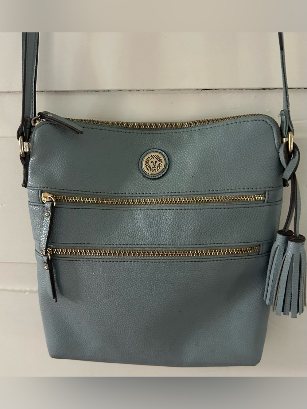 Anne Klein Compact Blue Crossbody Bag with Dual Zip Pockets